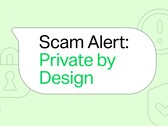 Green WhatsApp speech bubble with the text “Scam Alert: Private by Design”