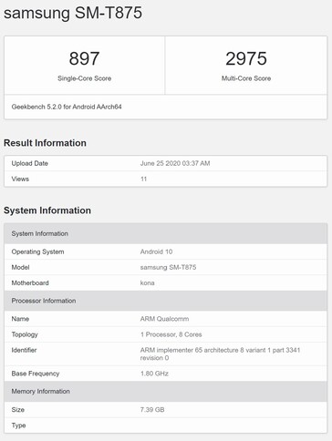 The SM-T875 is believed to be the codename for the 5G version of the Galaxy Tab S7. (Image source: Geekbench)