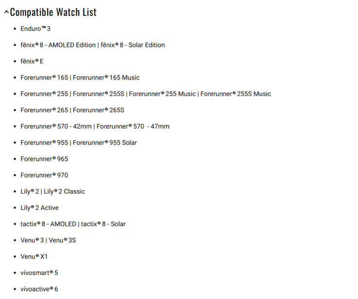 The official list of compatible smartwatches for the Garmin Body Battery TrueUp feature. (Image source: Garmin)