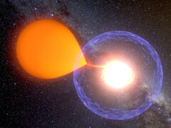 An artist&#039;s impression showing a nova sucking matter from its host star. (Image source: K. Ulaczyk, Warsaw University Observatory)