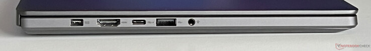Left: Power supply, HDMI 2.1, USB-C 4.0 (40 GBit/s, DisplayPort 1.4, Power Delivery), USB-A 3.2 Gen 2 (10 GBit/s), 3.5-mm audio