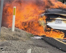 A man's Tesla Model Y caught fire on a California highway and Tesla has seemingly given him the cold shoulder as he searches for answers. (Image source: Bishal Malla on Twitter)