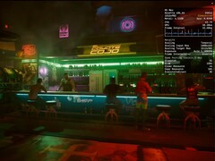 Cyberpunk 2077 running on macOS 26 Tahoe with MetalFX frame interpolation enabled on a MacBook Pro M1 Max. (Image source: Blendlogic Tech on YouTube)