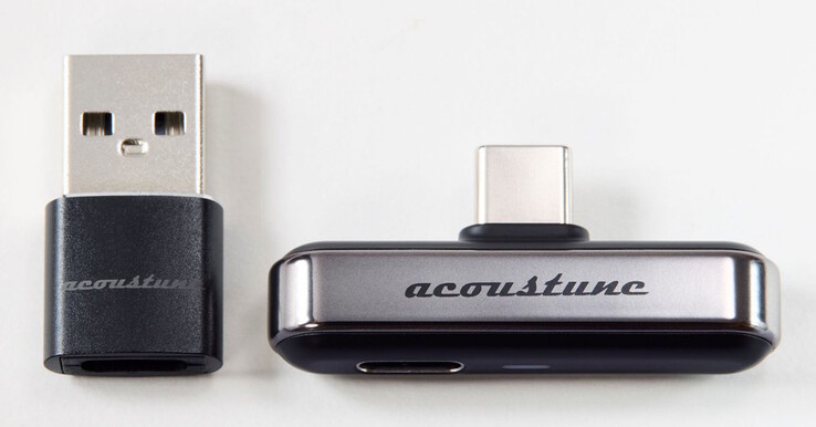 A USB-C to USB-A adapter comes with the Acoustune ATX001 Bluetooth transmitter.