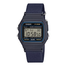 Casio F-91WF-2A digital watch with a blue case and matching woven fabric strap.