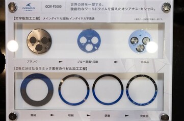 Casio Oceanus OCW-P3000 ceramic bezel and dial manufacturing process showing the insert and dial at different stages of production.