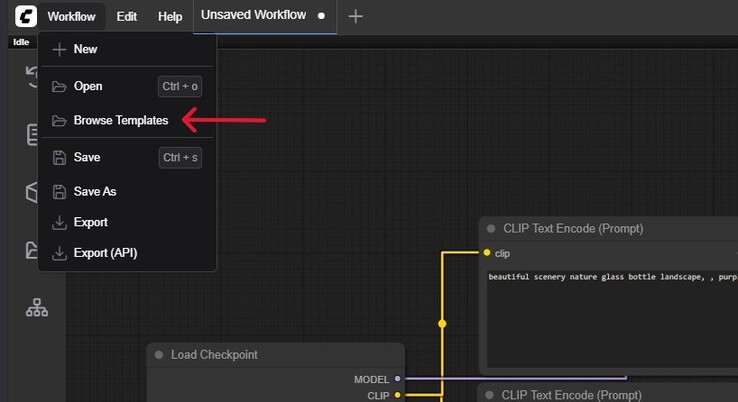 A screenshot of the Workflow menu in ComfyUI with Browse Templates highlighted. (Image Source: Windows Screen Capture)