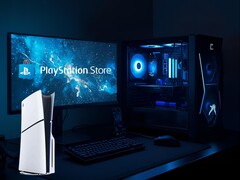 PS5 shown next to gaming PC and monitor with PlayStation Store logo (Image source: Sony PlayStation with edits)
