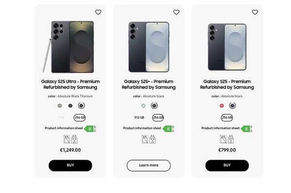 Galaxy S25 series colors and configurations available under the Certified Re-Newed program in France. (Image source: Samsung)
