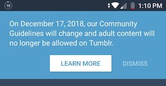 Tumblr guidelines change in-app notification December 17, 2018 no more porn