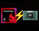 The entry-level Snapdragon X trades blows with the Ryzen 7 8840U in Geekbench 6 multi-core. (Image source: AMD, Qualcomm, edited)