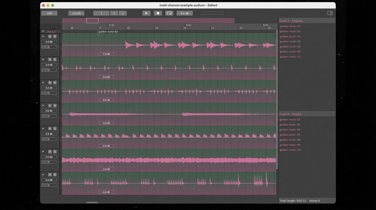 Audionaut supports multitrack audio editing, with multiple audio regions shown here in the application's timeline.