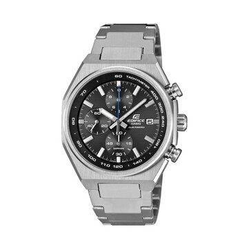 Casio Edifice EFSS660D-1A chronograph with a stainless steel case and bracelet, black textured dial, blue central seconds hand, three subdials, and tachymeter scale.