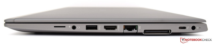 Right-hand side: micro-SIM slot, combined headphone and microphone 3.5 mm jack, USB 3.1 Type-A Gen 1, HDMI v1.4b, RJ45 Ethernet port, Docking port, USB Type-C Thunderbolt port, power connector