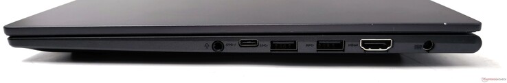 Right: 3.5 mm combo audio jack, USB 3.2 Gen1 Type-C with PD, 2x USB 3.2 Gen1 Type-A, HDMI 1.4-out, DC-in