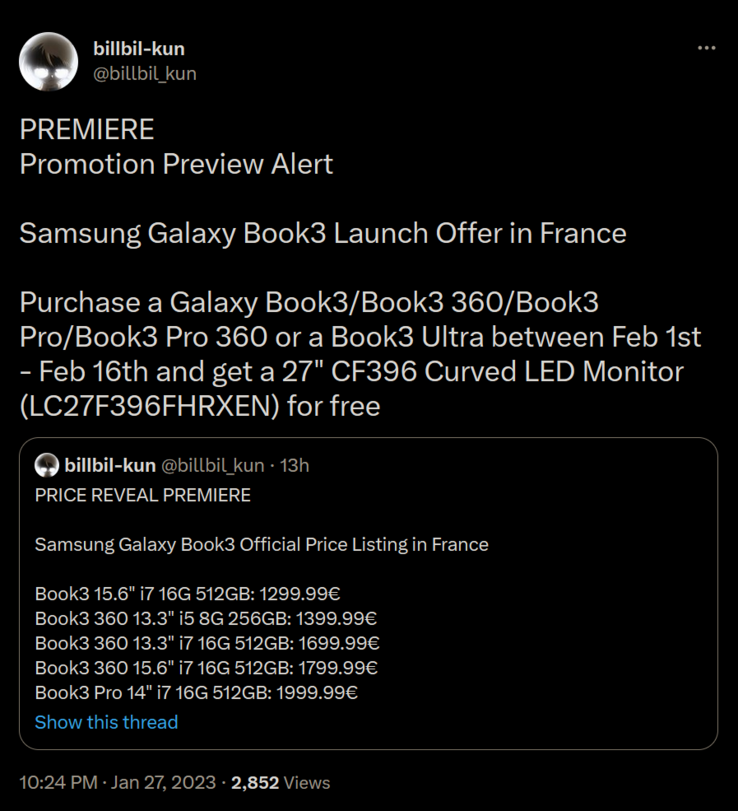 Galaxy Book3 series pre-order bonuses (image via Bilibilikun on Twitter)