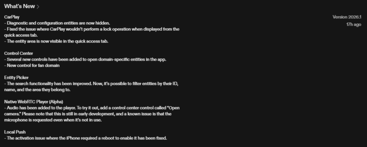 The change log for the Home Assistant iOS app version 2026.1. (Image source: screenshot of Apple App Store)