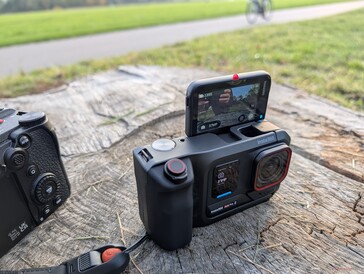 The Insta360 Ace Pro 2's display is ideal for selfies (shown here with the grip)