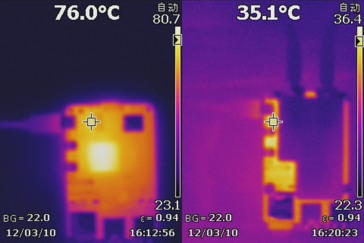 PCB temp with and without the liquid cooler (Image source: Seeed Studio)