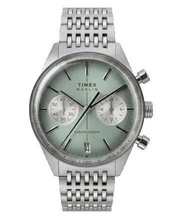 Timex Marlin Jet Chronograph TW2Y89800 with a sage-green concave dial, white chronograph subdials, date window at 6 o’clock, domed crystal, and silver-tone stainless-steel bracelet.