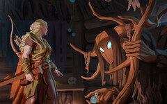 Valheim character talking to a witch tree