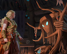 Valheim character talking to a witch tree