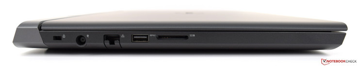 Left: Noble lock, power supply, Gigabit Ethernet, USB 3.1, SD card reader