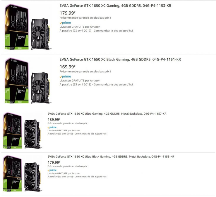 EVGA GeForce GTX 1650 listings on Amazon France. (Source: VonGuru)