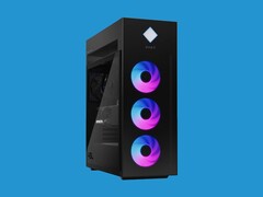 The image shows the HP Omen 45-liter gaming PC. The gaming PC is sized like a typical gaming tower, finished in the black colorway. There are lots of RGB elements, including three RGB fans at the front and an AIO cooler with a 360mm radiator. There is glass on its side, which gives a peek into its components