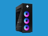 The image shows the HP Omen 45-liter gaming PC. The gaming PC is sized like a typical gaming tower, finished in the black colorway. There are lots of RGB elements, including three RGB fans at the front and an AIO cooler with a 360mm radiator. There is glass on its side, which gives a peek into its components 