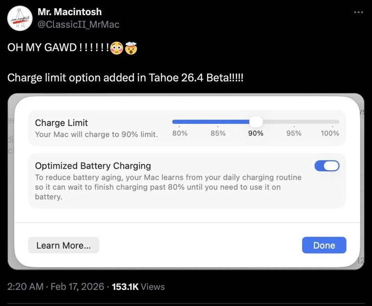 macOS 26.4 Tahoe appears to have added support for charge limits.