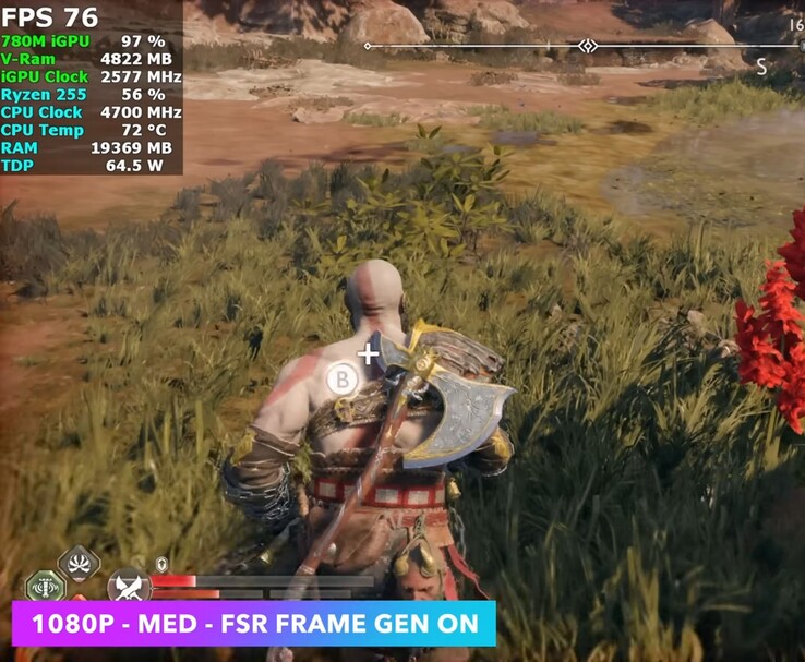 God of War Ragnarök running at 1080p medium with FSR Frame Generation on the Minisforum X1 Lite using Radeon 780M iGPU (Image source: ETA Prime via YouTube)