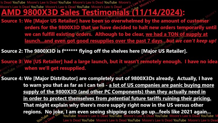 Ryzen 7 9800X3D sales and supply information. (Image source: Moore's Law Is Dead)