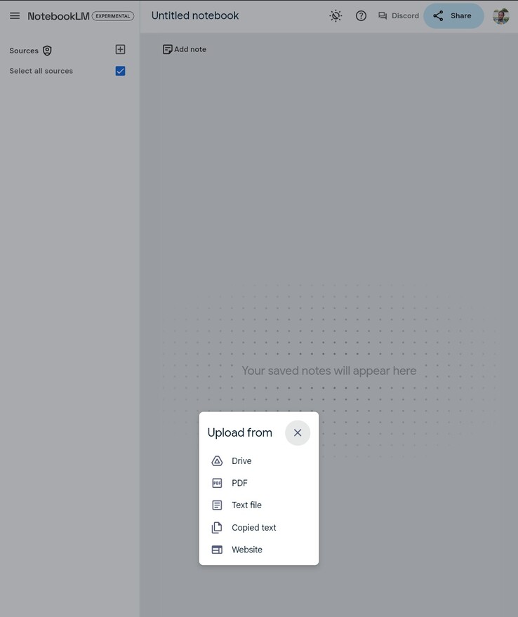 NotebookLM accepts Google docs, Slides, text files, copied text, and web URLs as source material (Source: Google)