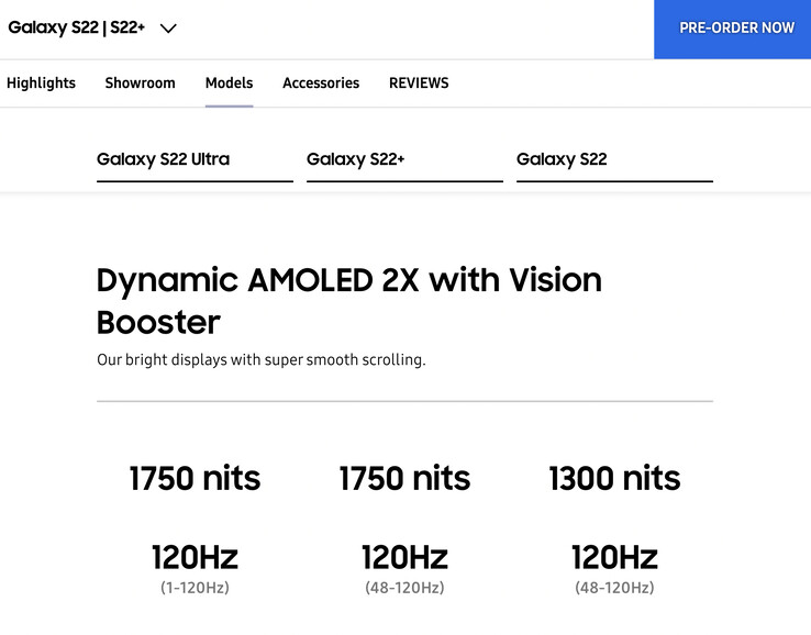 The Galaxy S22 and Galaxy S22+ with their new display specifications. (Image source: Samsung)