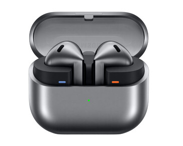 The Galaxy Buds3 Pro in black with its charging case. (Image source: Evan Blass)