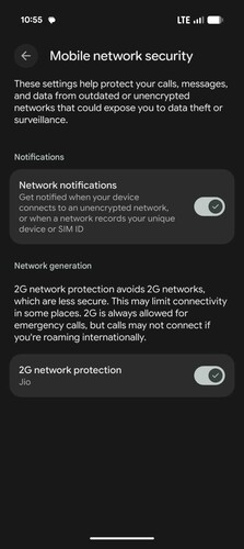Mobile network security options