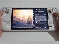 A front-facing view of the Steam Deck with Elden Ring running on the left side of the screen and the Lossless Scaling plug-in settings visible on the right, including FPS Multiplier, Flow Scale, and Performance Mode toggles. (Image source: Deck Wizard/YouTube)