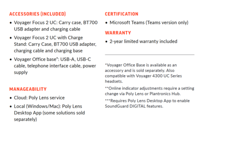 Poly Voyager Focus 2 - Specifications - contd. (Source: Poly)