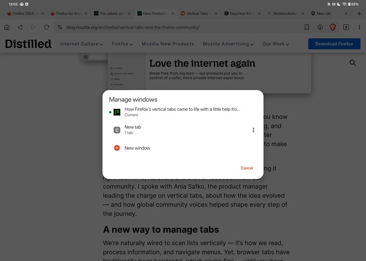 Brave multi window in app menu screenshot