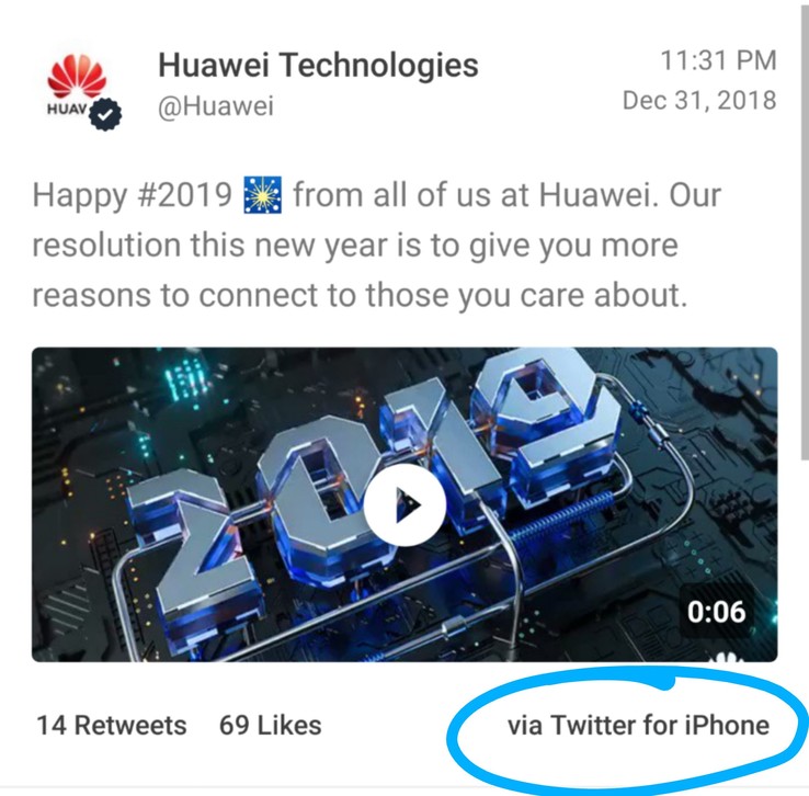 A screenshot of Huawei's original message, in which the client tag was highlighted by MKBHD. (Source: Twitter)