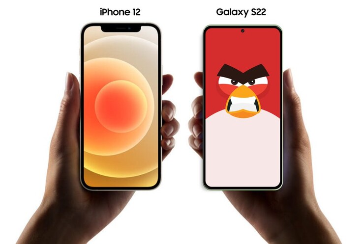 A "Galaxy S22" front panel render with an iPhone 12 for comparison. (Source: Ice Universe via Twitter)