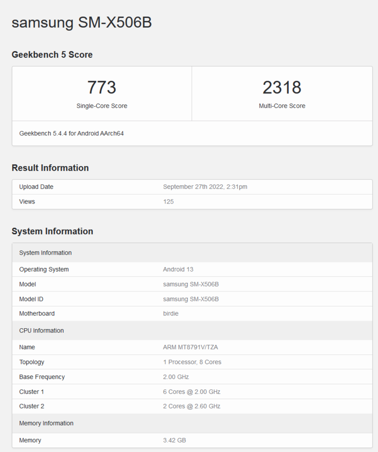 Galaxy Tab S8 FE on Geekbench (image via Geekbench)