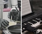 Genesis AI shows robotic hands performing fine motor tasks such as cracking eggs, slicing tomatoes, connecting cables and playing the piano.
