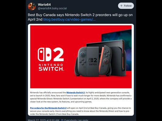 Nintendo Switch 2 Best Buy Canada BlueSky post (Image source: screenshot, Wario64 BlueSky account)