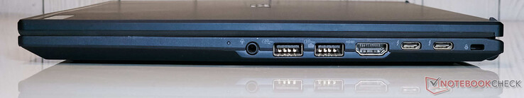 Right: 3.5 mm combo audio jack, 2x USB 3.2 Gen2 Type-A, HDMI 2.1-out, 2x Thunderbolt 4 (w/ DisplayPort and Power Delivery), Kensington Nano slot