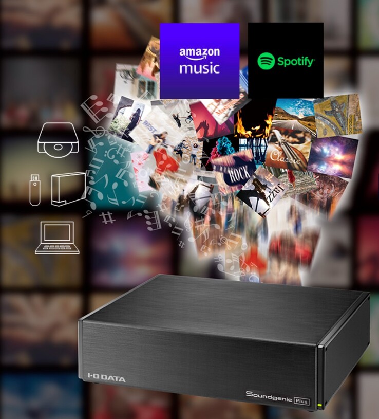 The Soundgenic Plus NAS plays online streaming music, music stored on the internal drive, and can stream music to home audio system and portable devices across the network. (Image source: I-O Data)