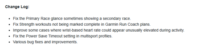 The change log for Public Beta Version 25.02 for older Garmin Forerunner smartwatches. (Image source: Garmin)