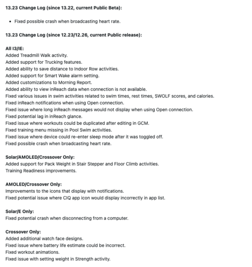 The release notes for Garmin beta version 13.23