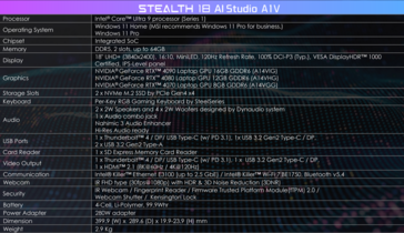 MSI Stealth 18 AI Studio specs (image via MSI)